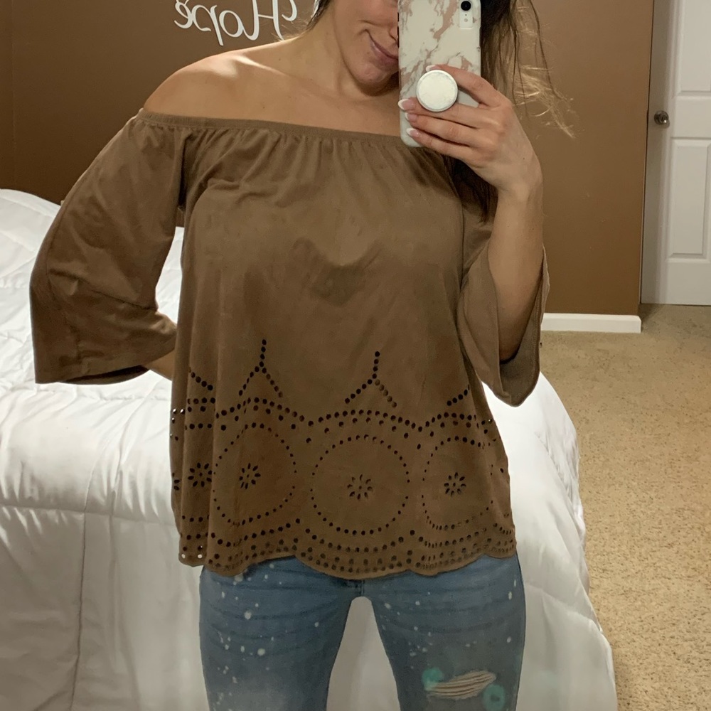 Brown laser cut design off the shoulder top